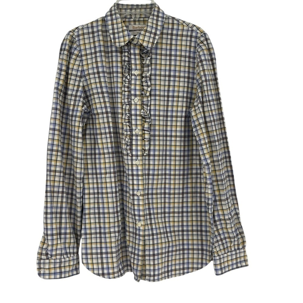 Barbour Women’s Ruffle Plaid Flannel Long Sleeve Button Down Top Size 6